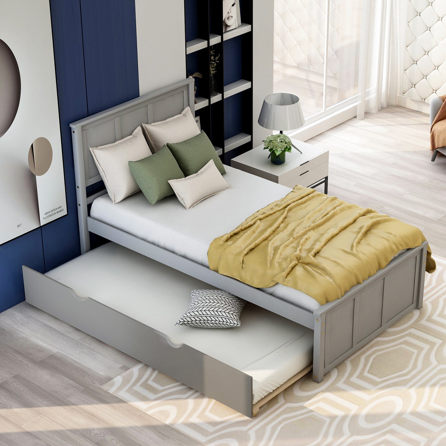 Gray wooden daybed with pullout trundle