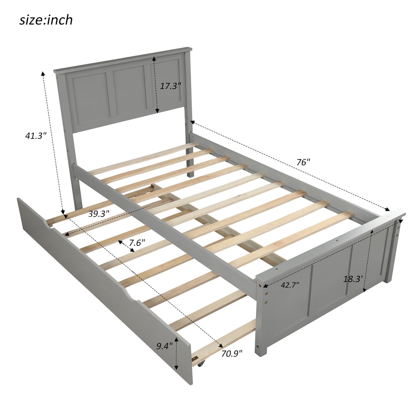 Gray wooden twin bed frame with pullout trundle panel headboard and footboard