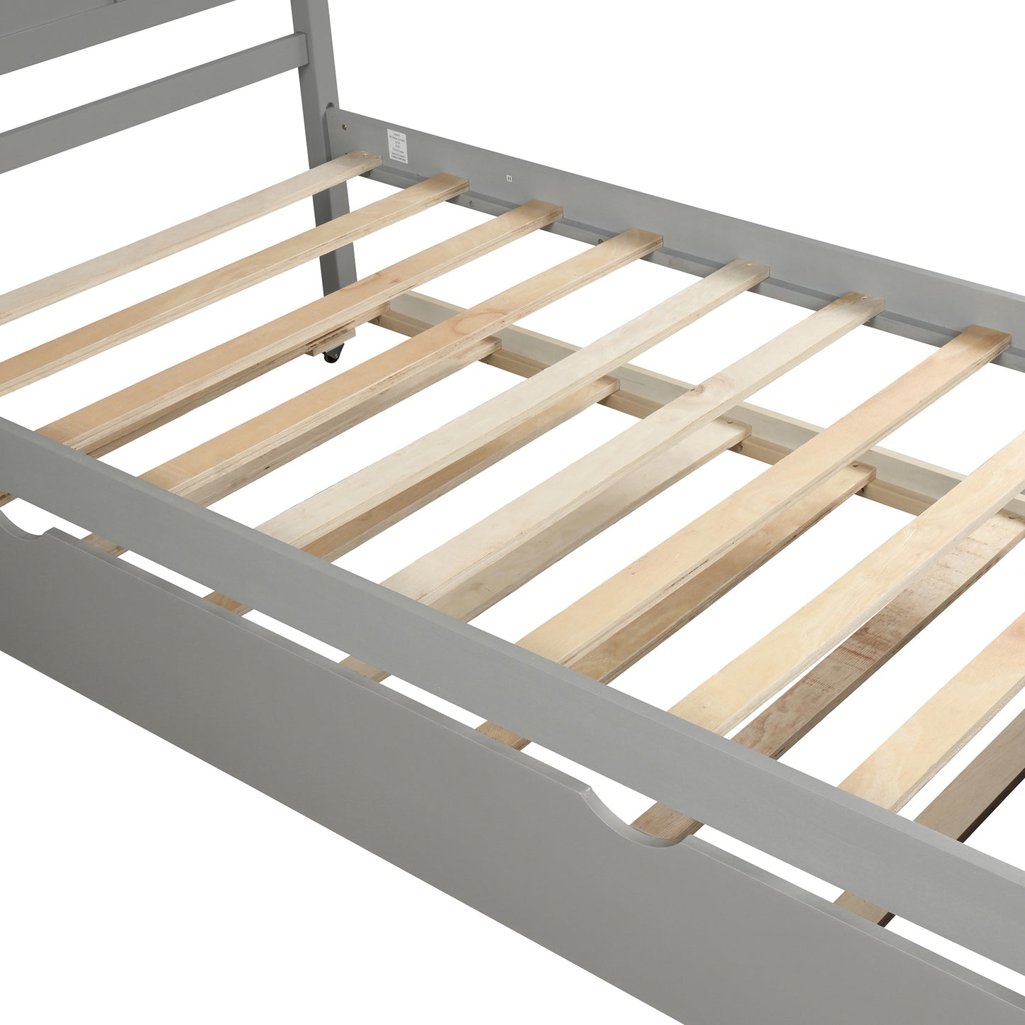 Gray twin bed frame with wooden slats and visible support legs