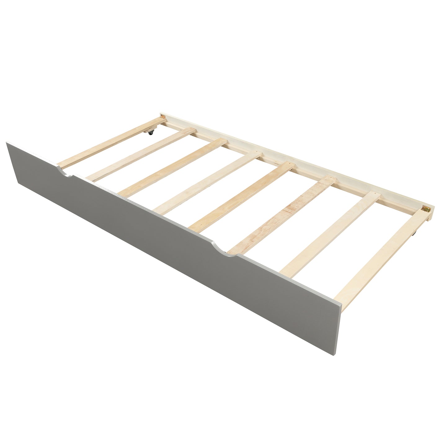 Gray wooden bed frame with support slats and caster wheels