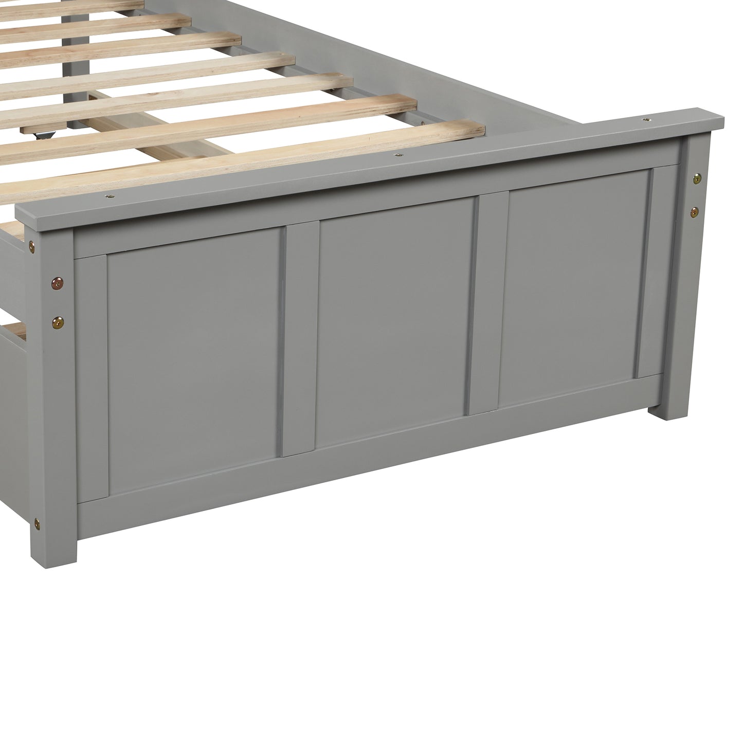 Gray wooden bed frame with slatted base detail