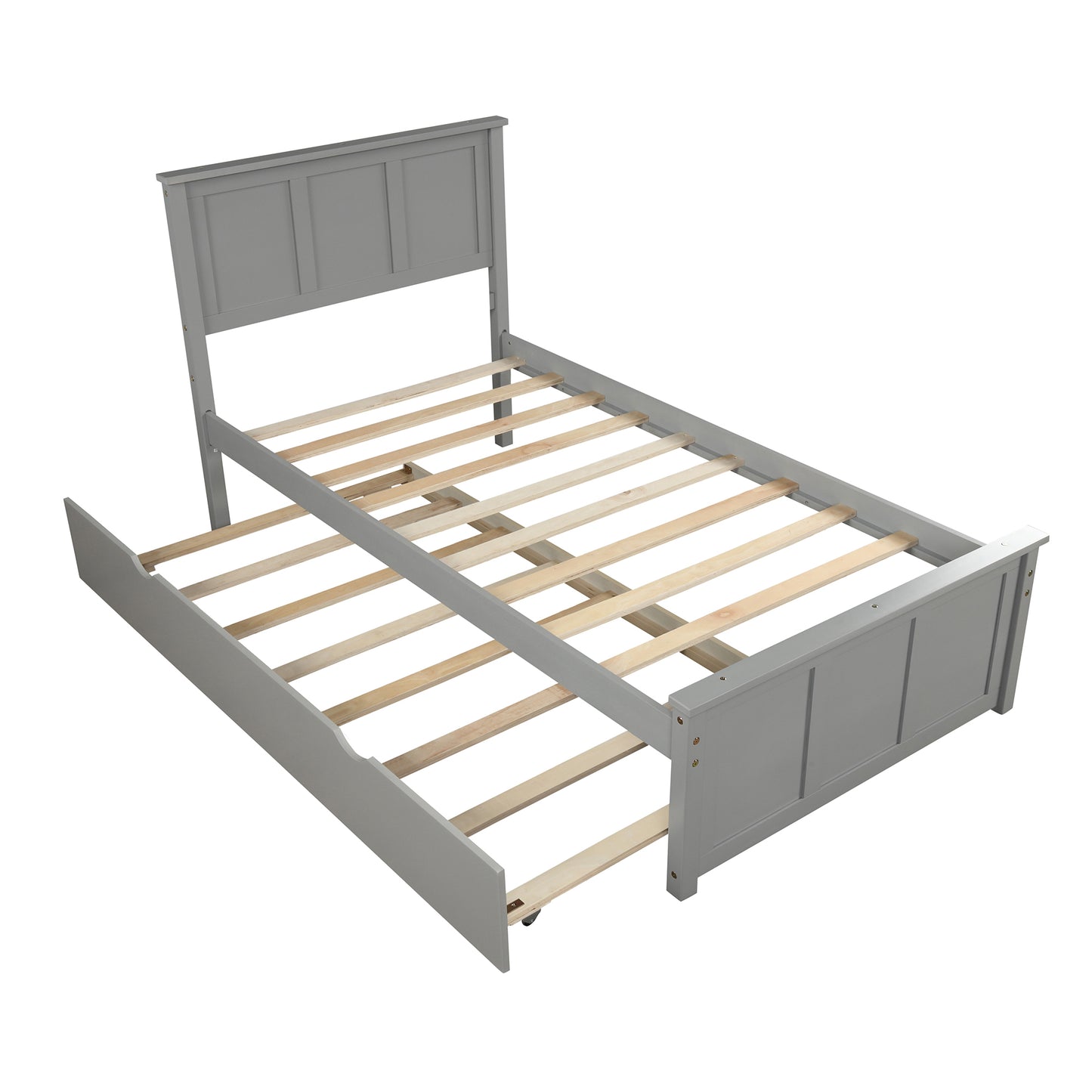 Grey twin bed frame with pullout trundle