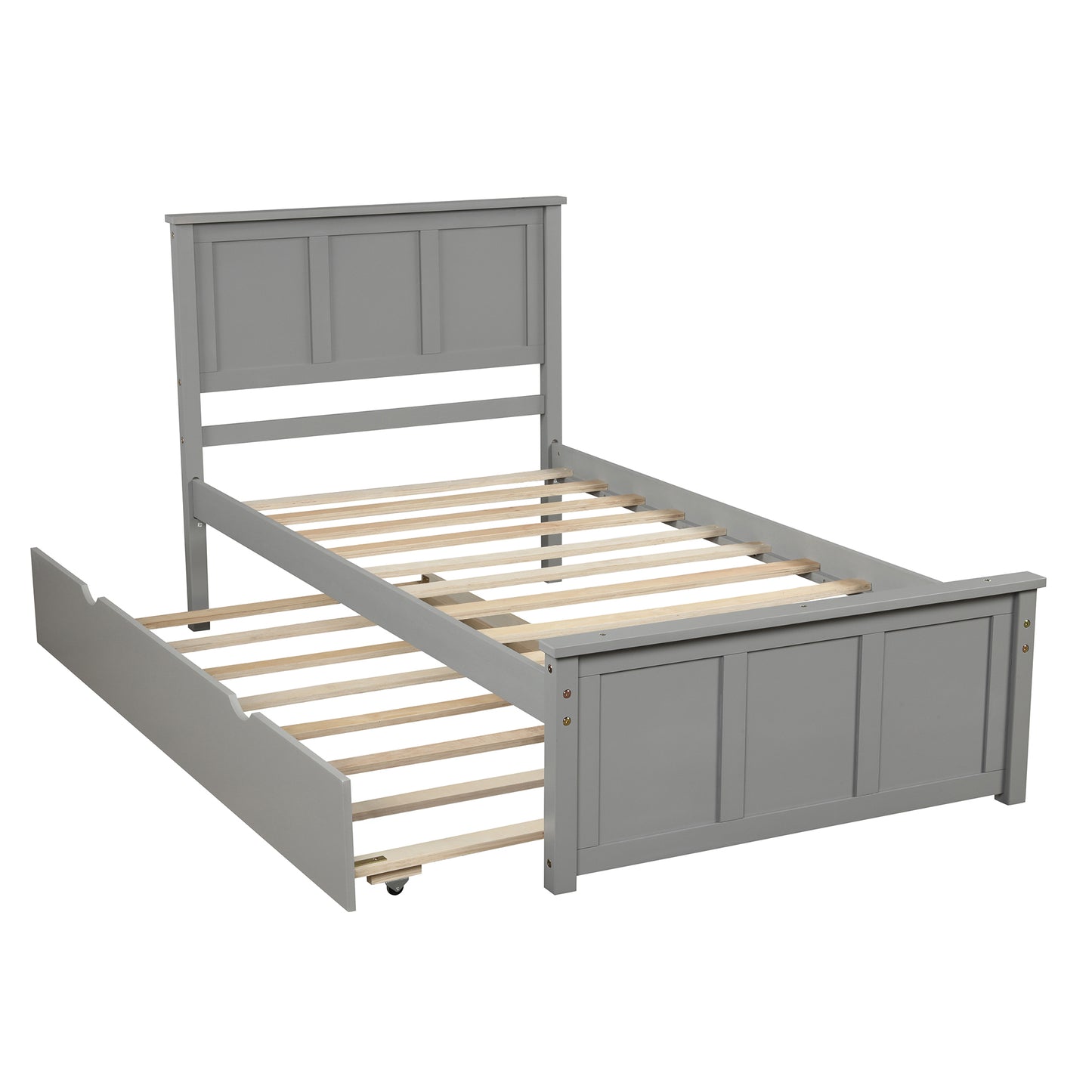 Gray wooden twin bed frame with a pullout trundle