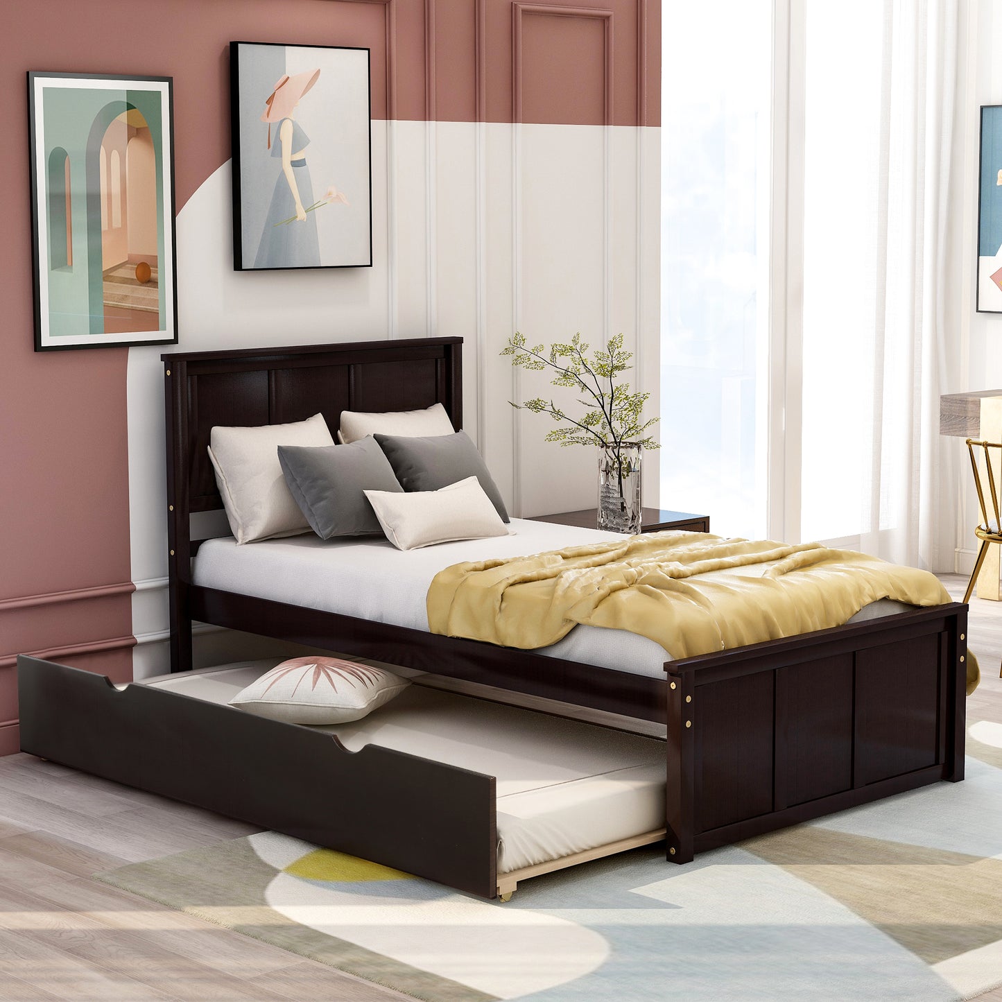 Dark espresso wood twin bed with pullout trundle