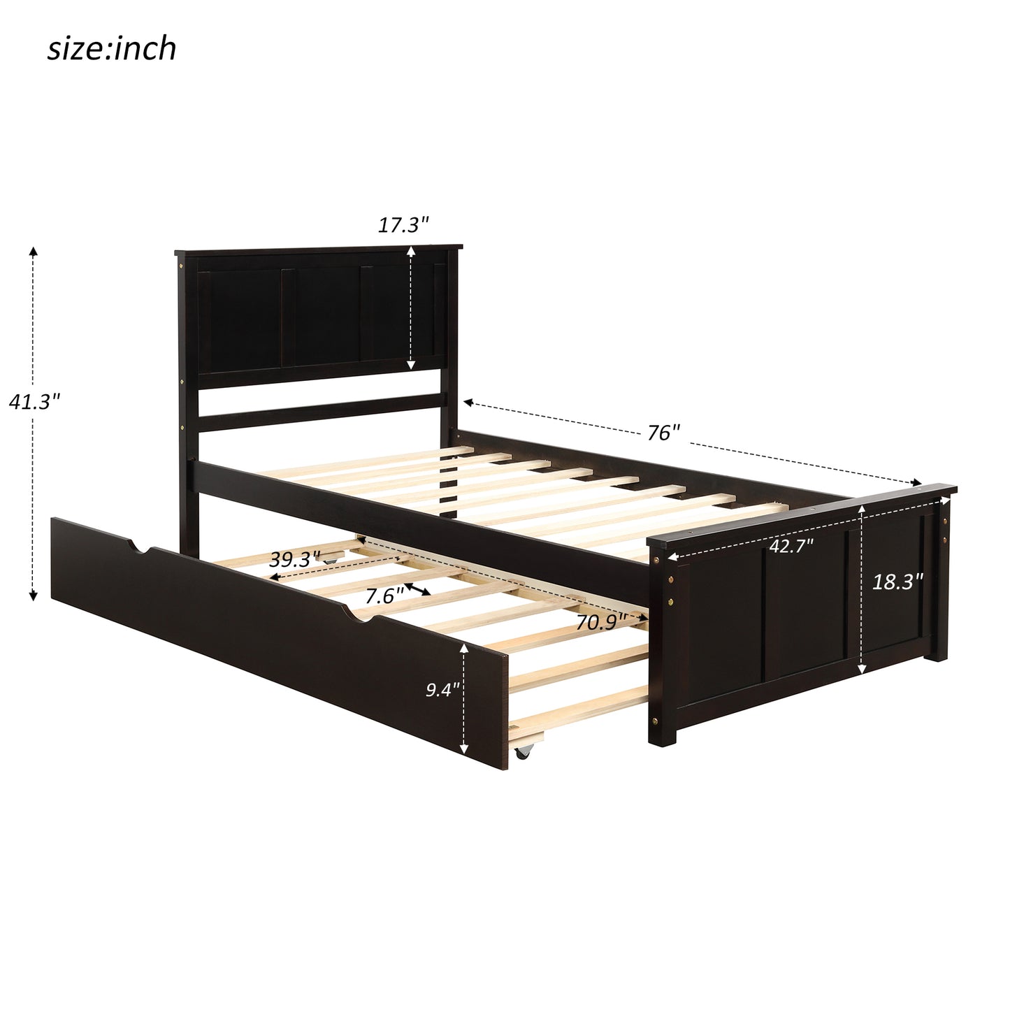Dark brown twin bed frame with pullout trundle