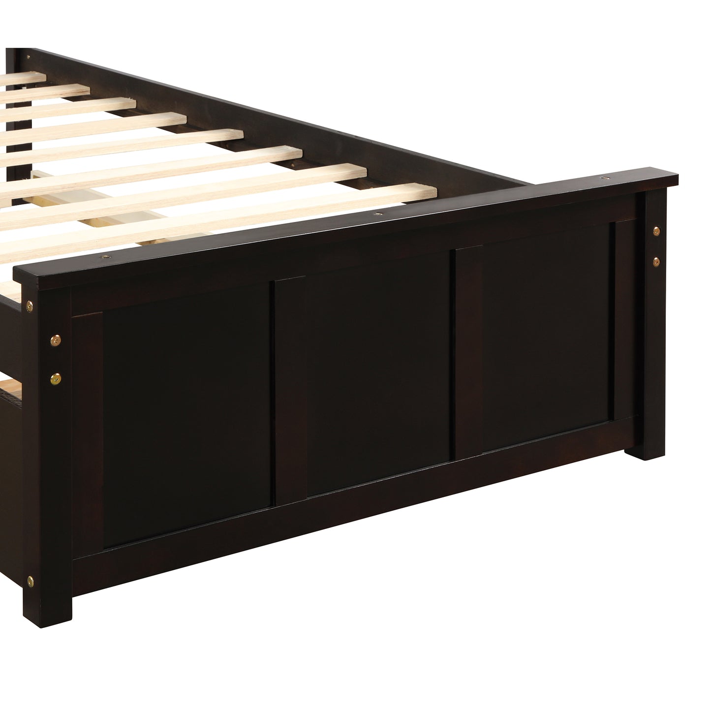 Dark brown wooden bed frame with panel headboard and slatted base for mattress support