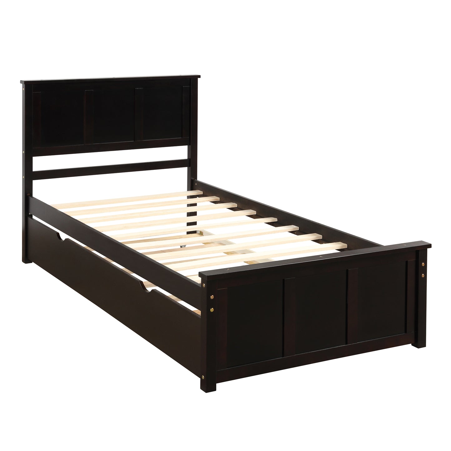 Dark brown wood twin bed frame with slatted support perfect for kids rooms