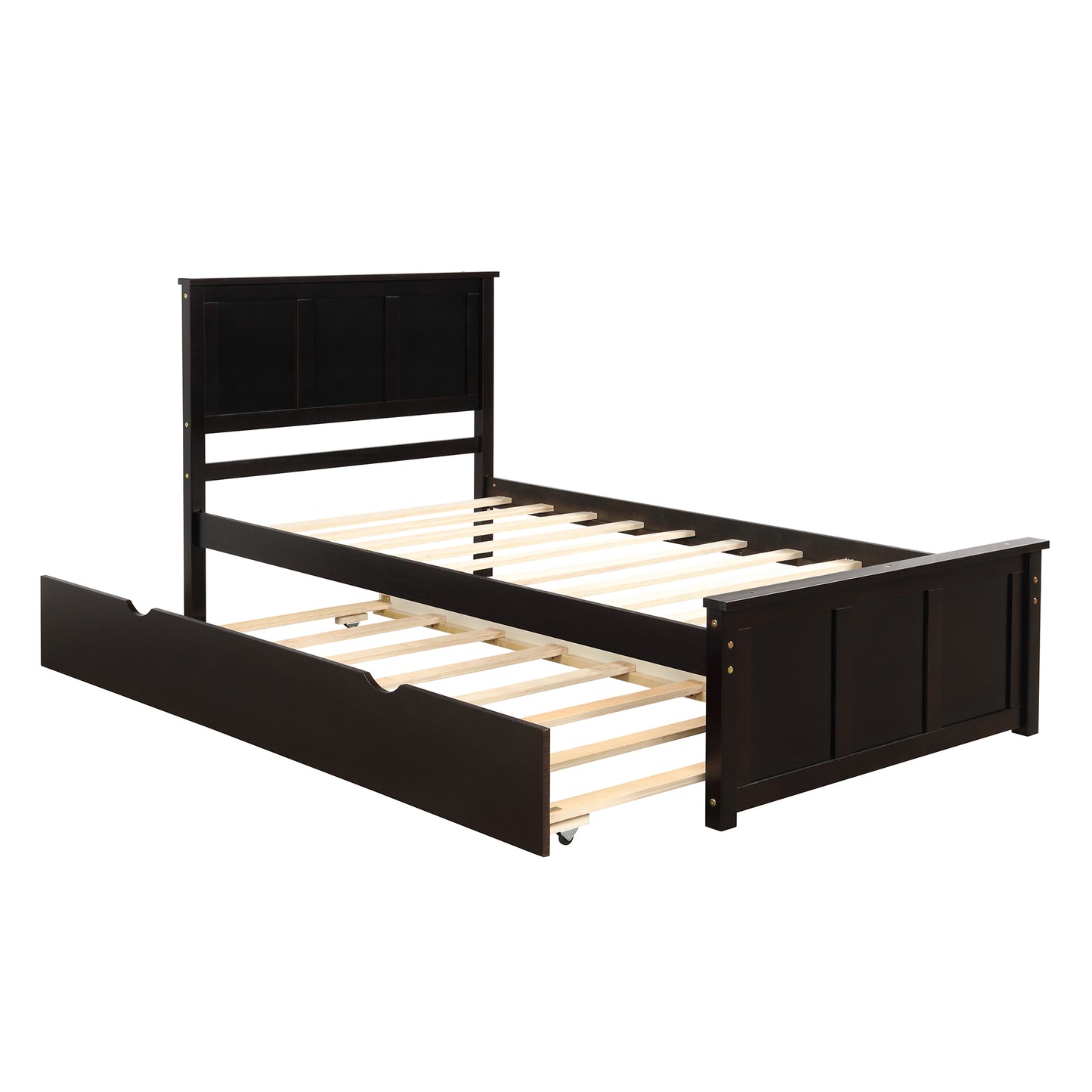 Dark brown wooden twin bed with pullout trundle
