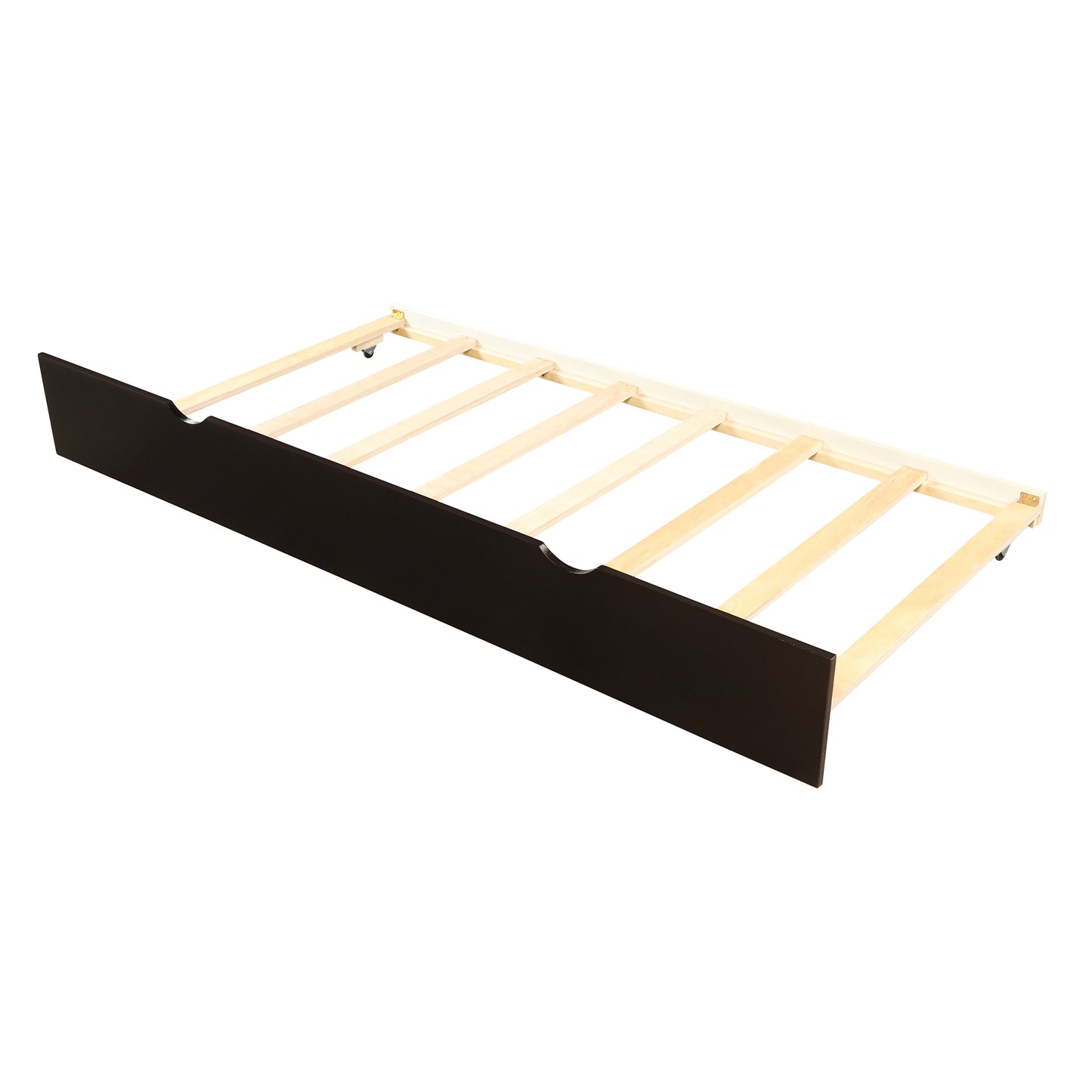 Dark brown wood bed drawer with natural wood slat support and wheels
