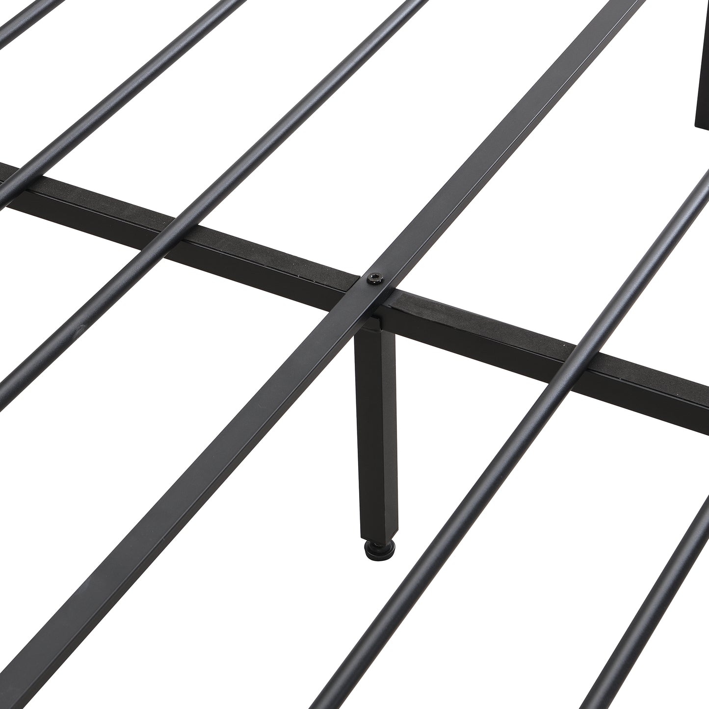 Black metal bed frame with support slats
