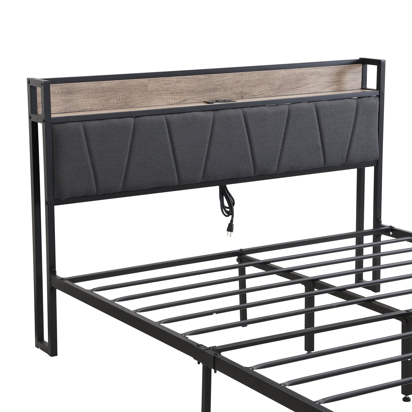 Upholstered headboard with builtin shelf and USB ports for queen bed frame