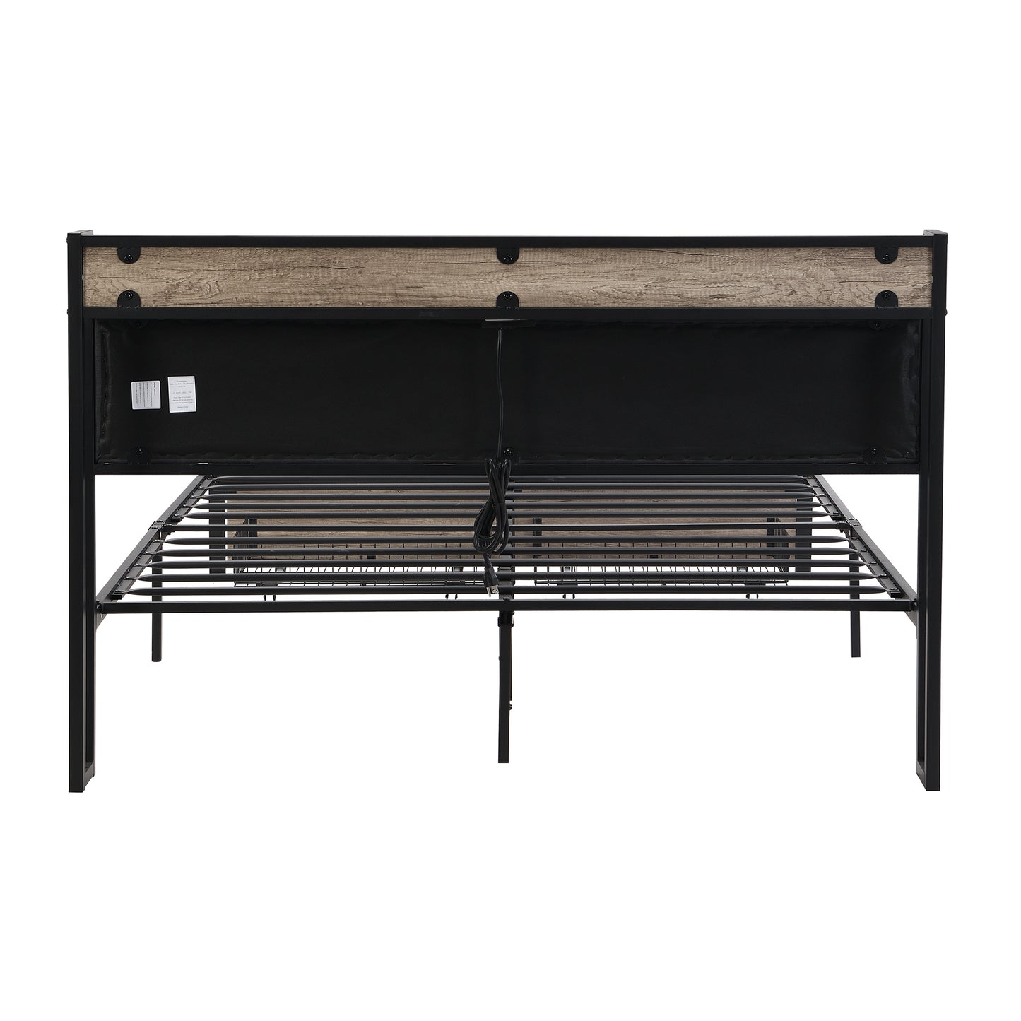 Black metal bed frame with faux wood headboard queen size