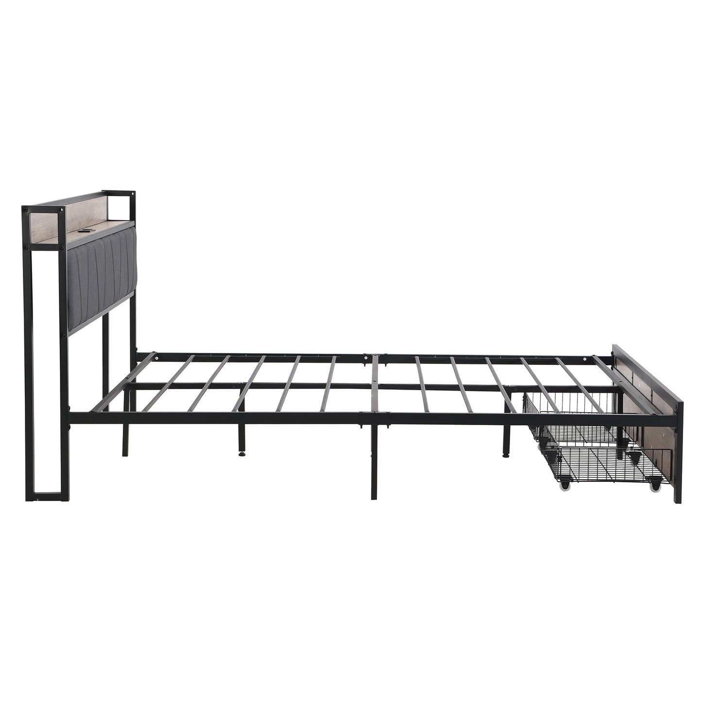 Black metal platform bed frame with upholstered headboard and two storage drawers