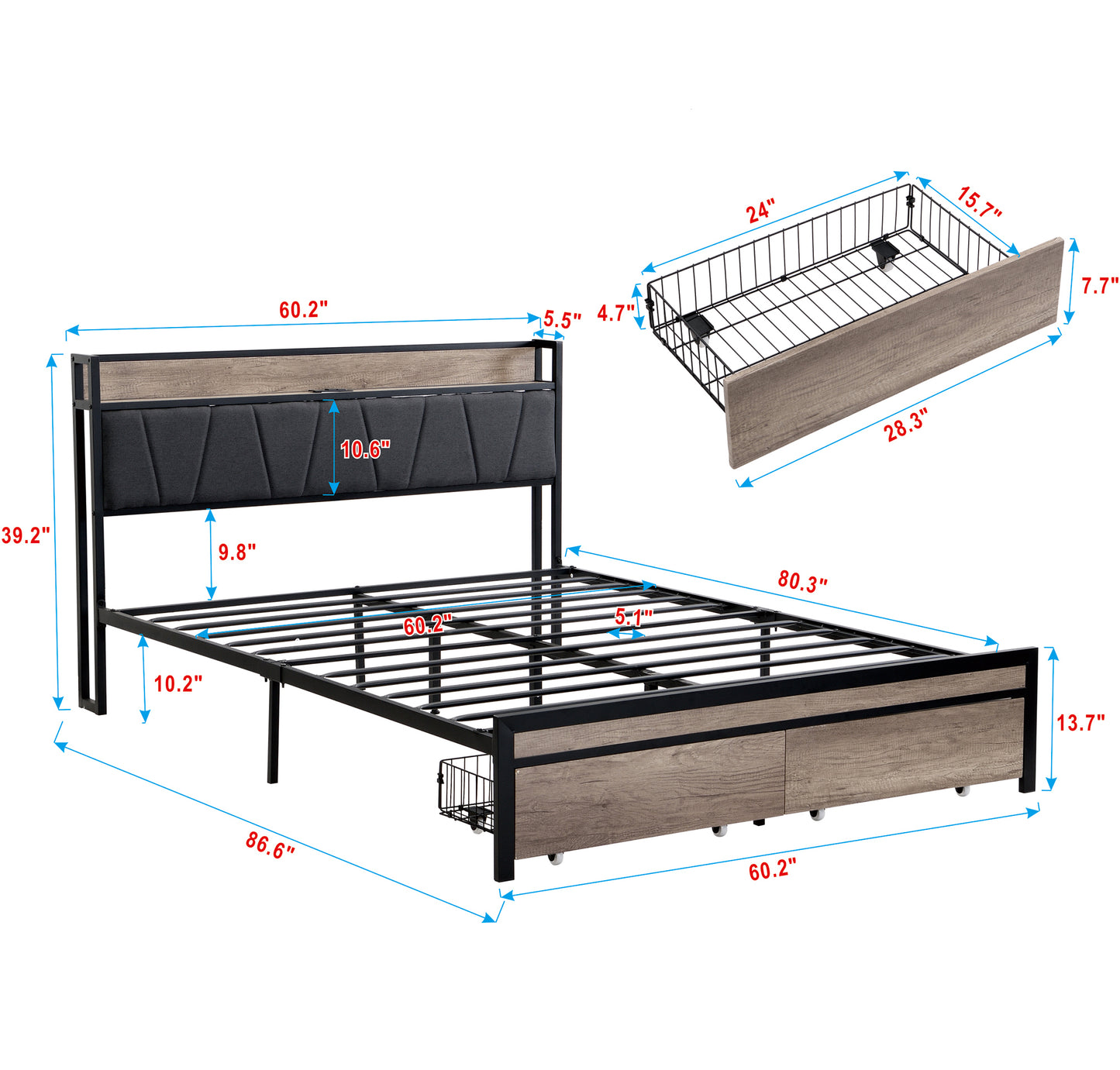Gray upholstered headboard metal bed frame with wood grain accents and storage drawers