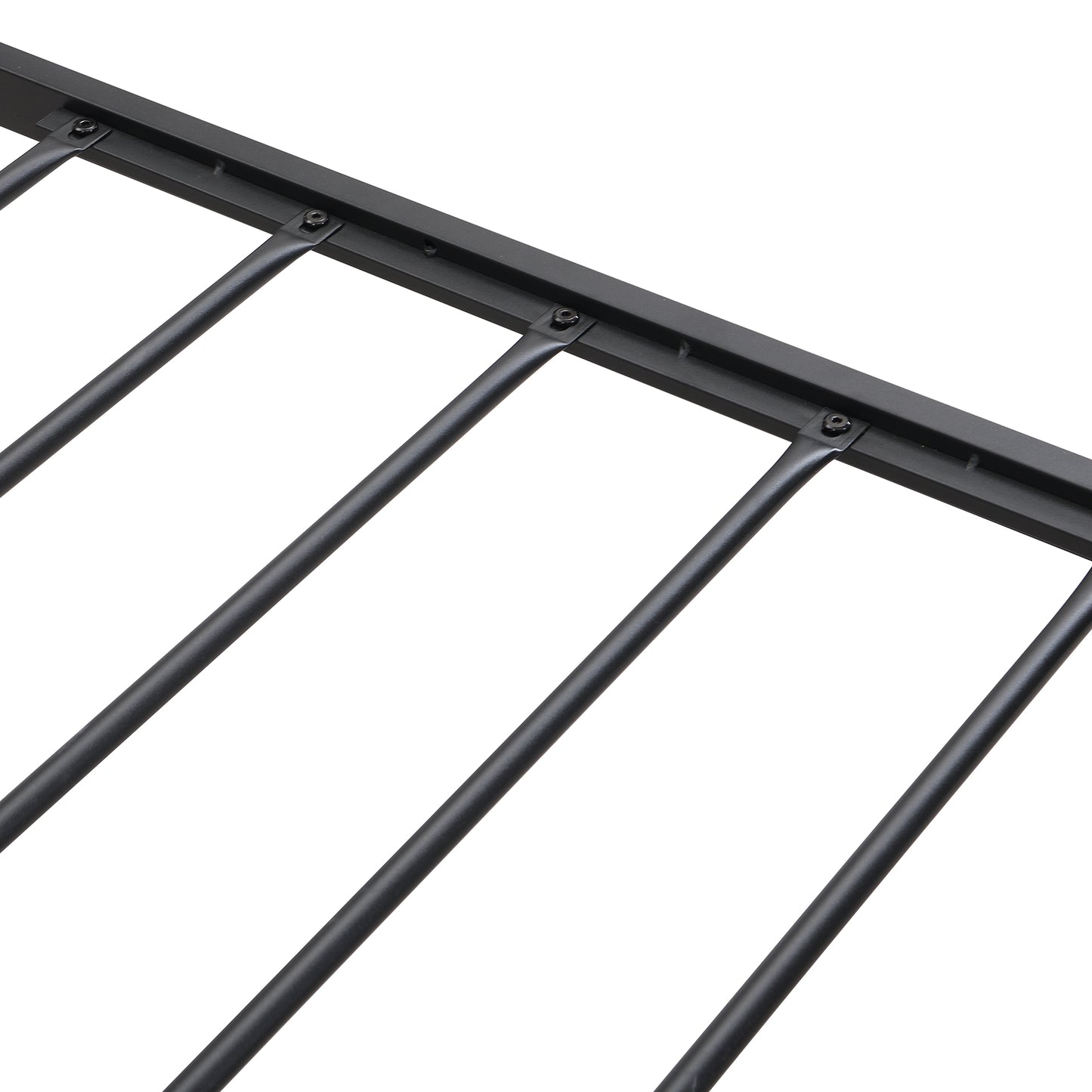 Black metal bed frame slats with connecting supports