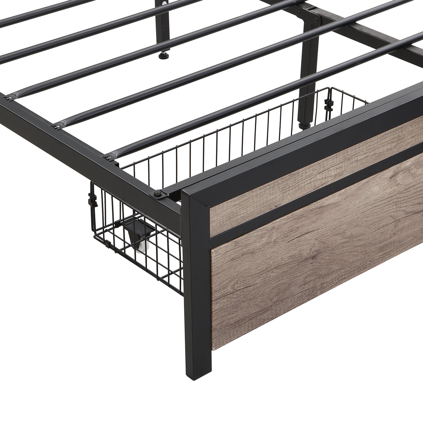 Black metal bed frame with woodeffect headboard panel and underbed storage basket