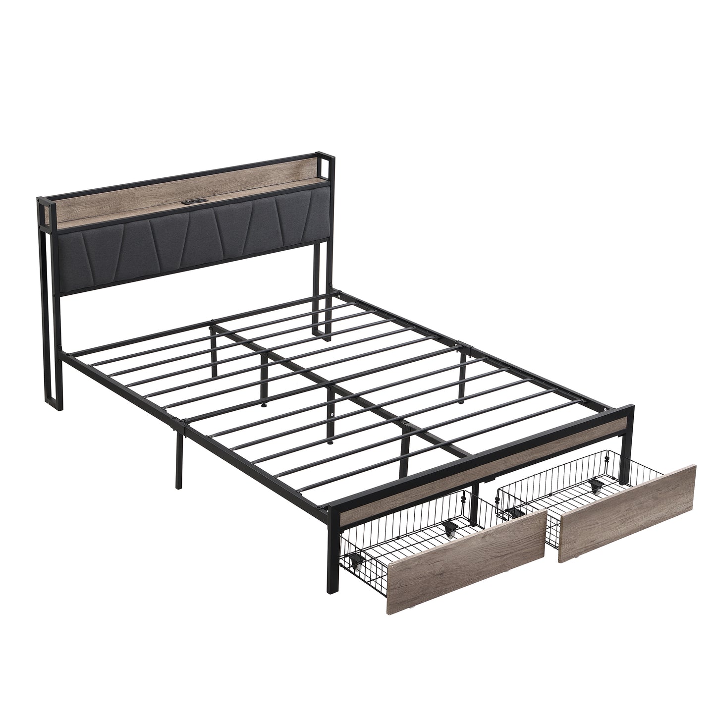 Metal platform bed frame with upholstered headboard and two drawers