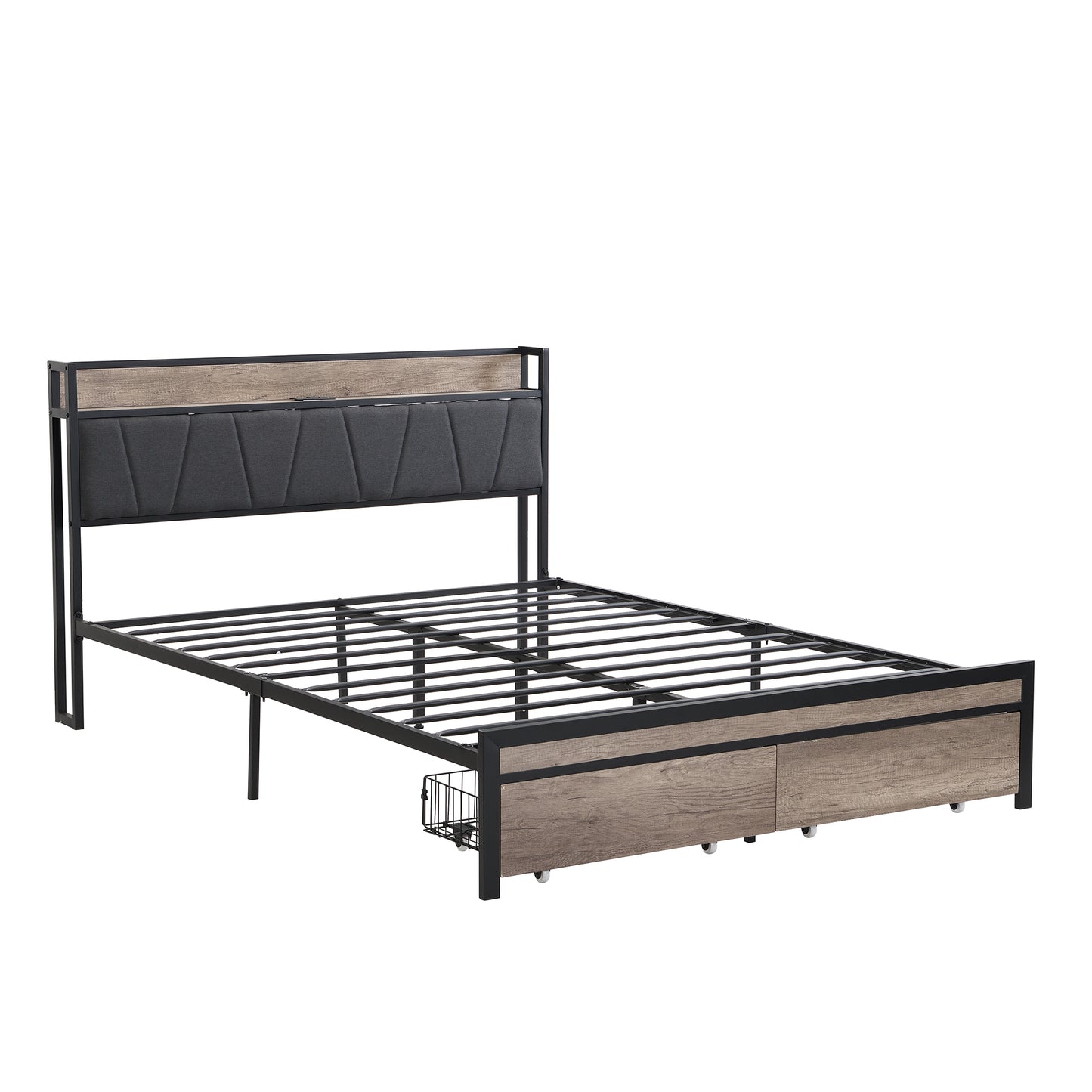 Metal bed frame with upholstered headboard and wood accents