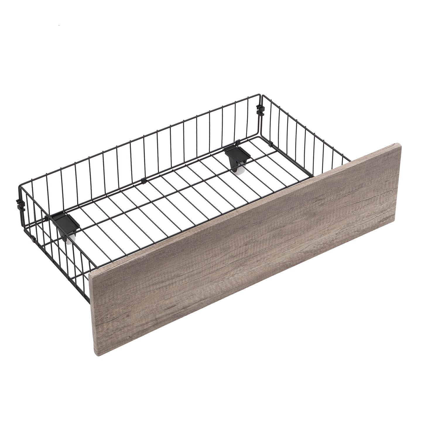 Wire mesh pullout drawer with wood grain front panel