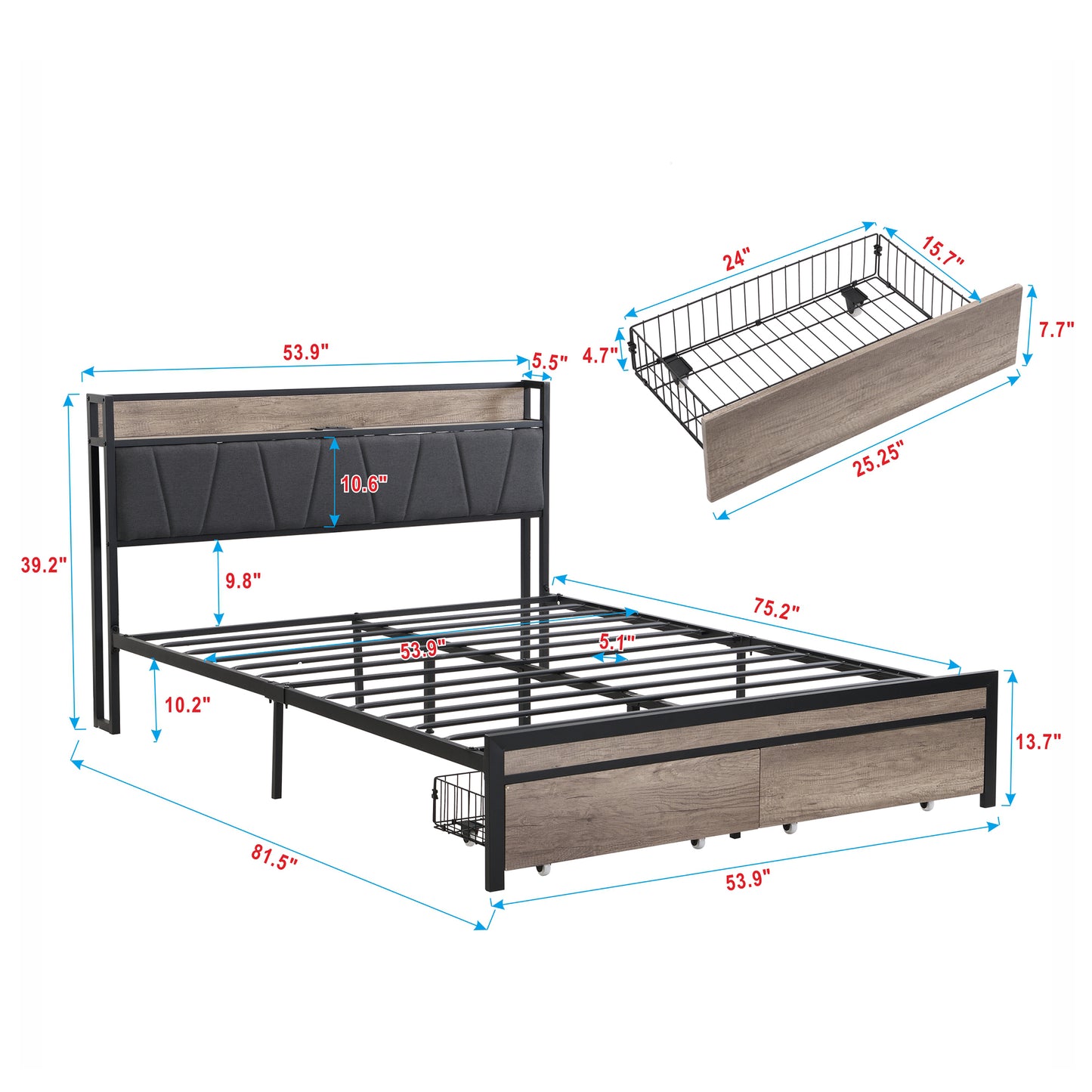 Metal platform bed frame with upholstered headboard and wood grain drawers