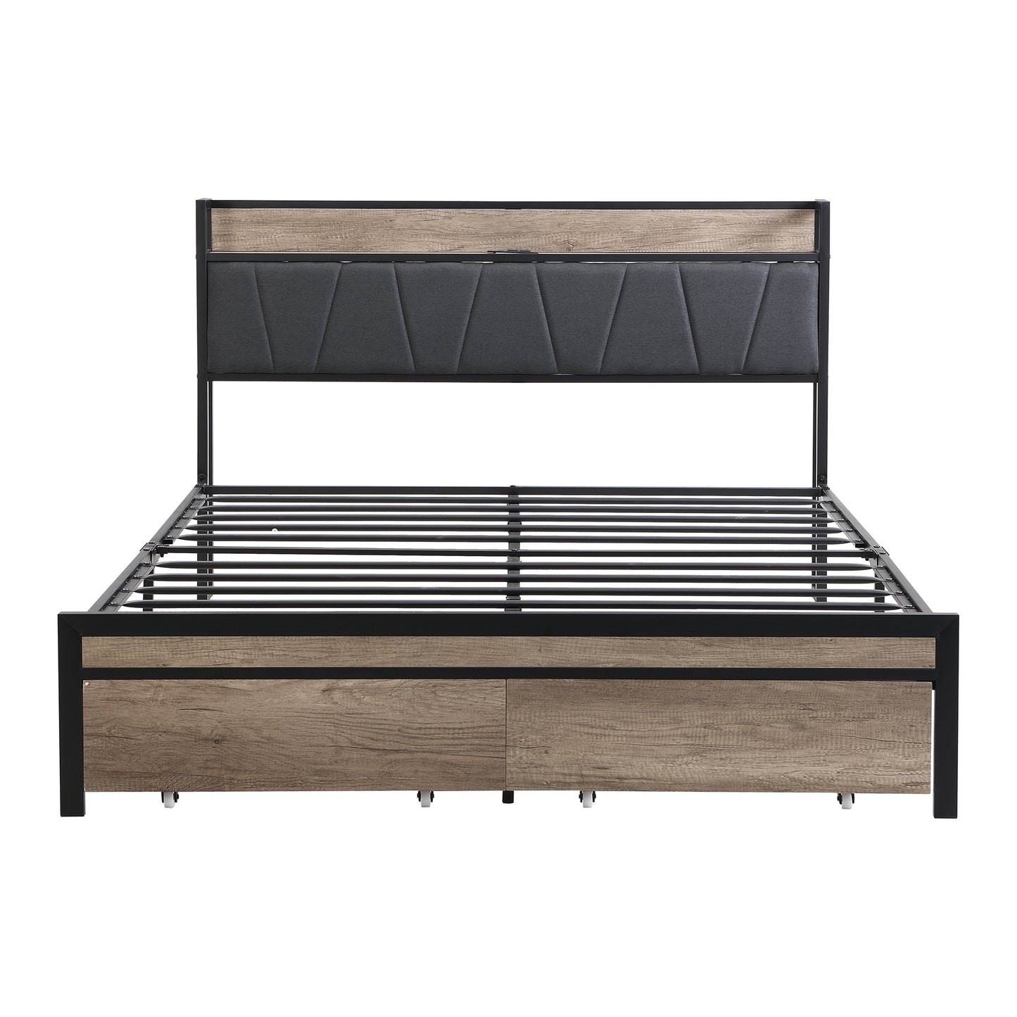Modern upholstered bed frame with wood accents and drawers