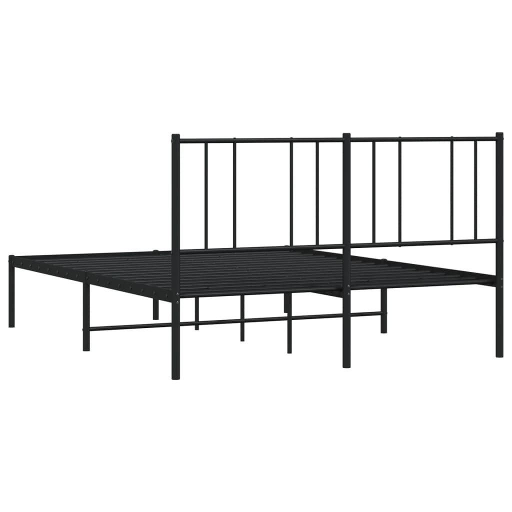 Black metal platform bed frame with a minimalist headboard
