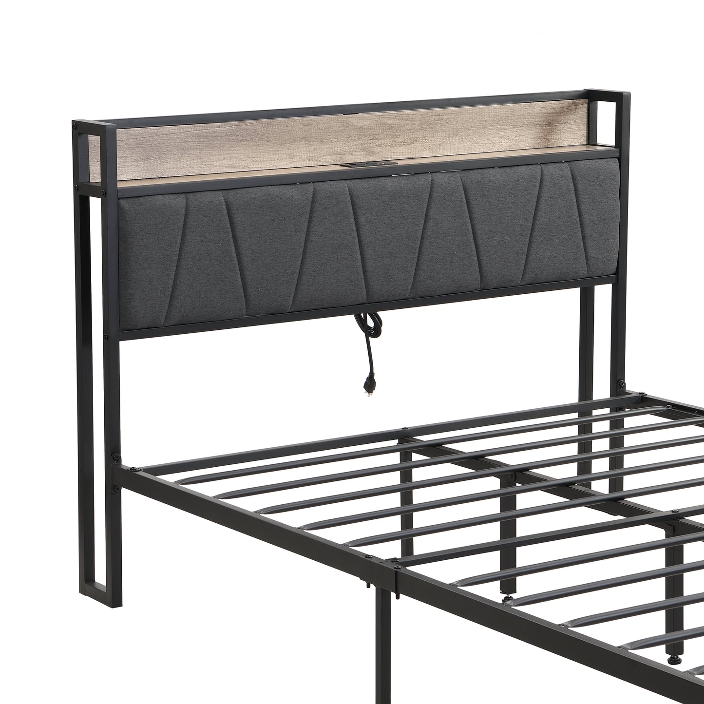 Modern upholstered headboard bed frame with integrated wood shelf and USB ports