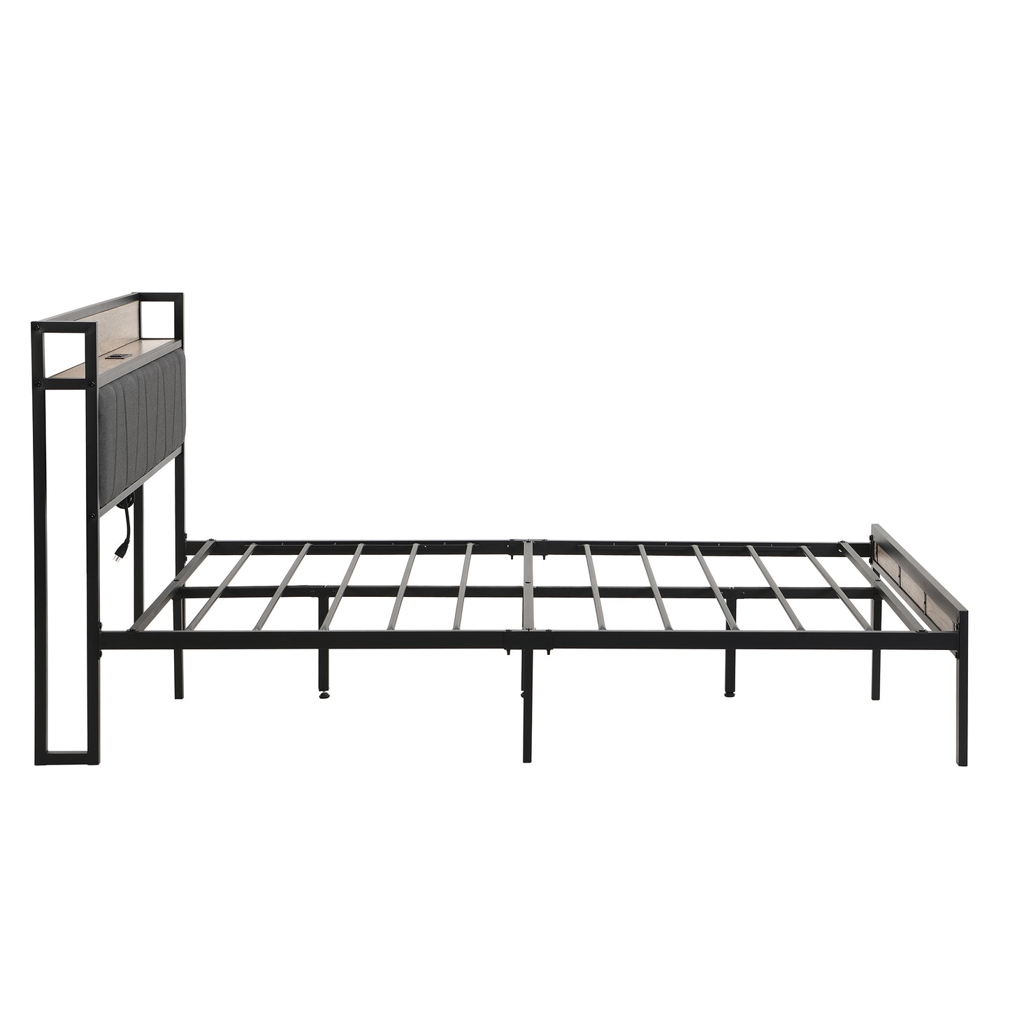 Metal bed frame with upholstered headboard and wood accents