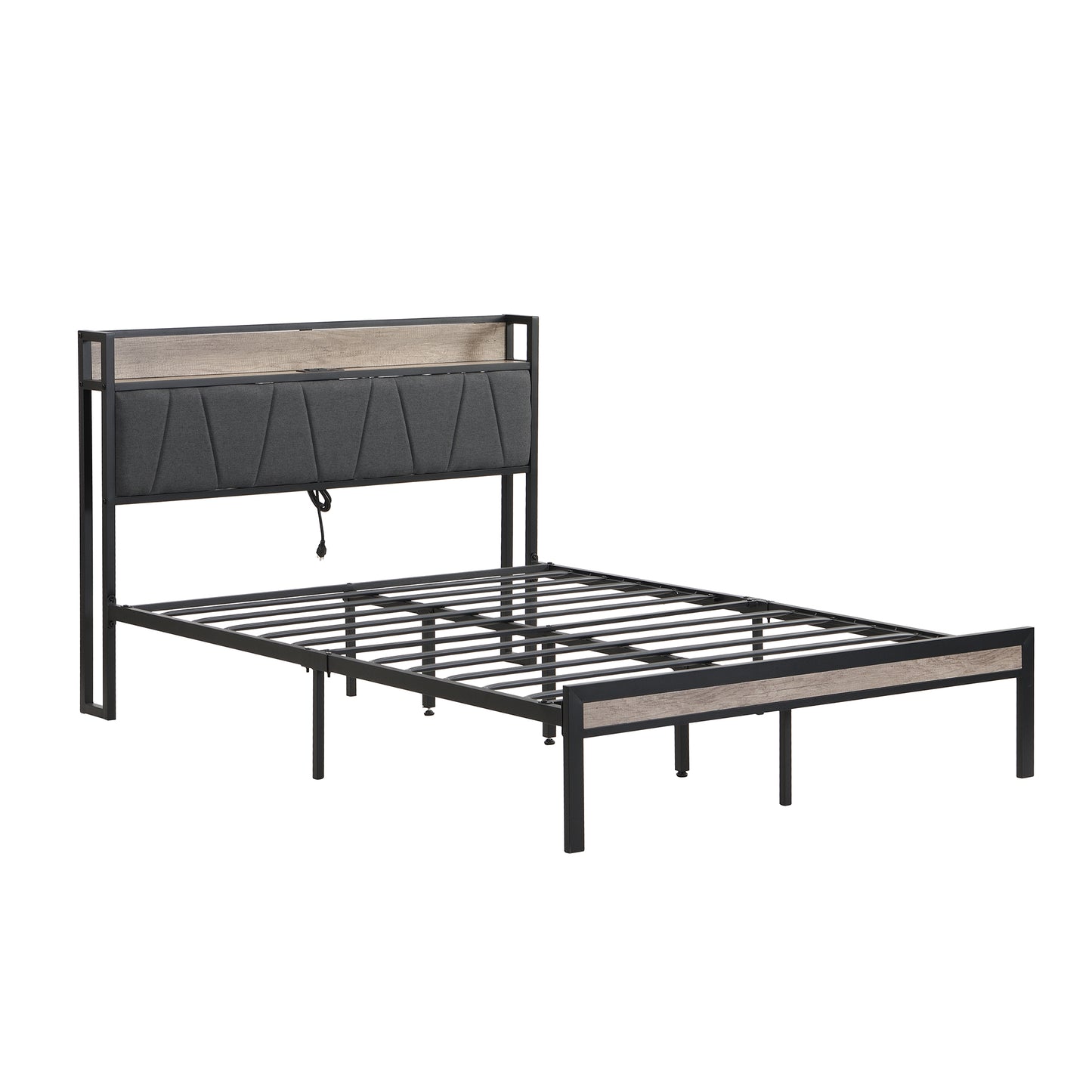 Modern upholstered bed frame with gray headboard and wood accents