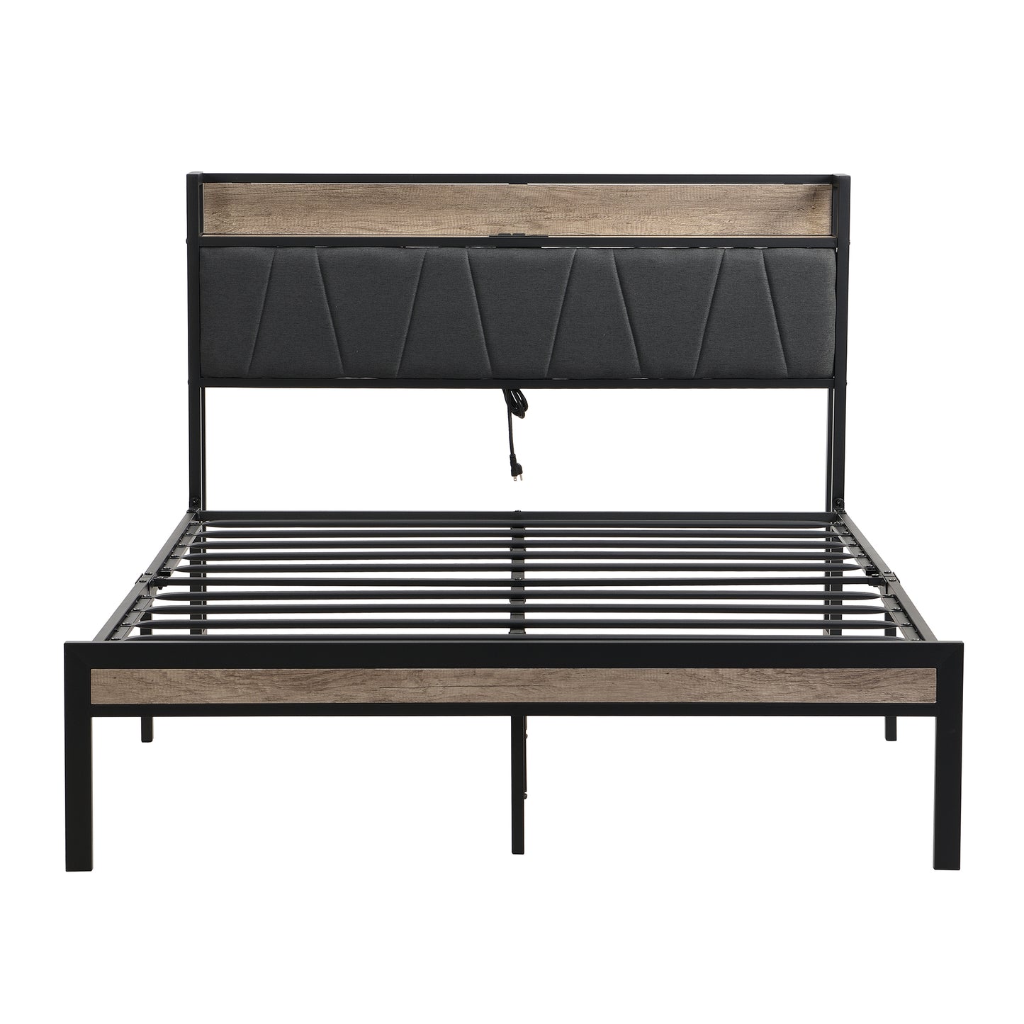 Modern upholstered bed frame with wood accents and black metal