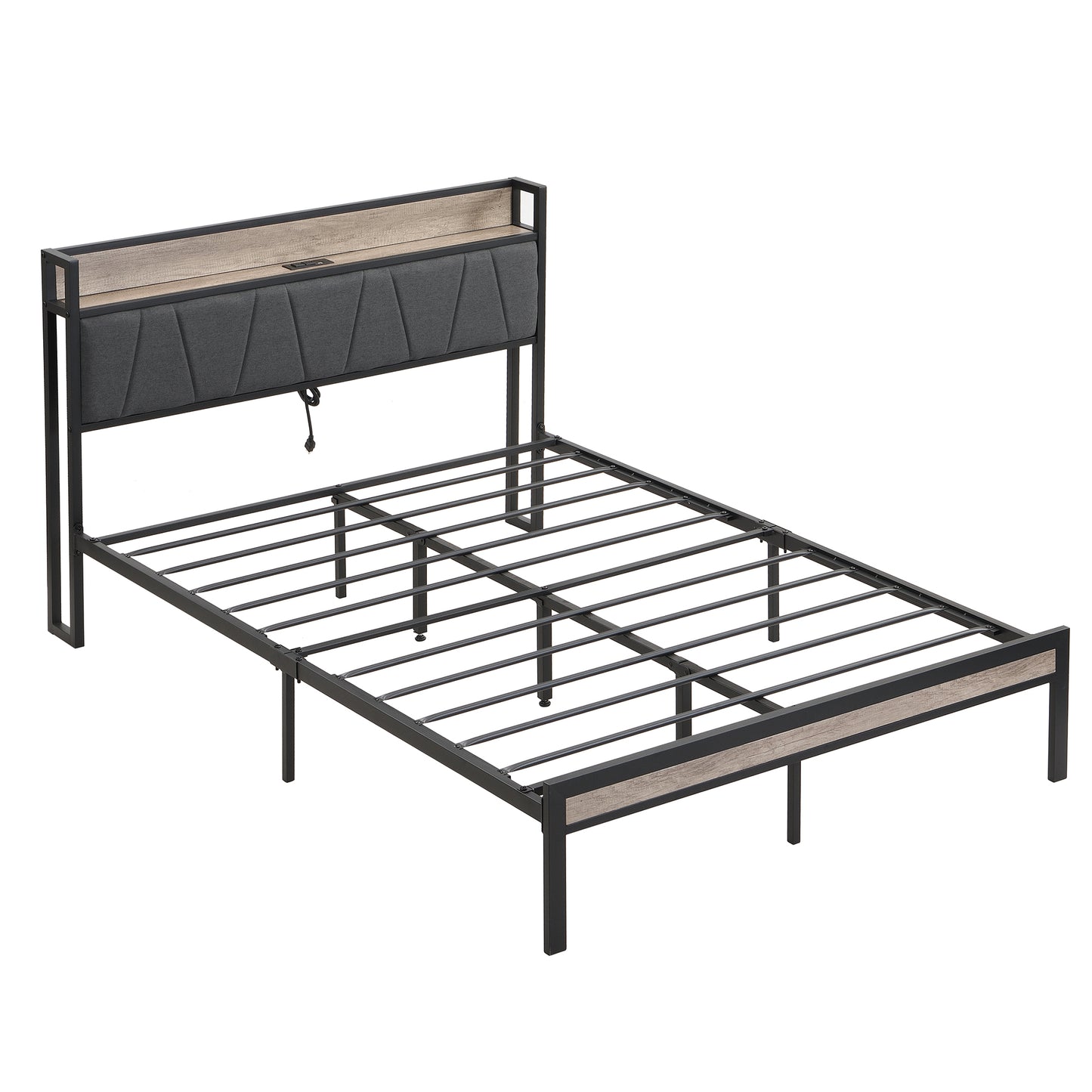 Industrial metal bed frame with upholstered headboard and builtin charging station