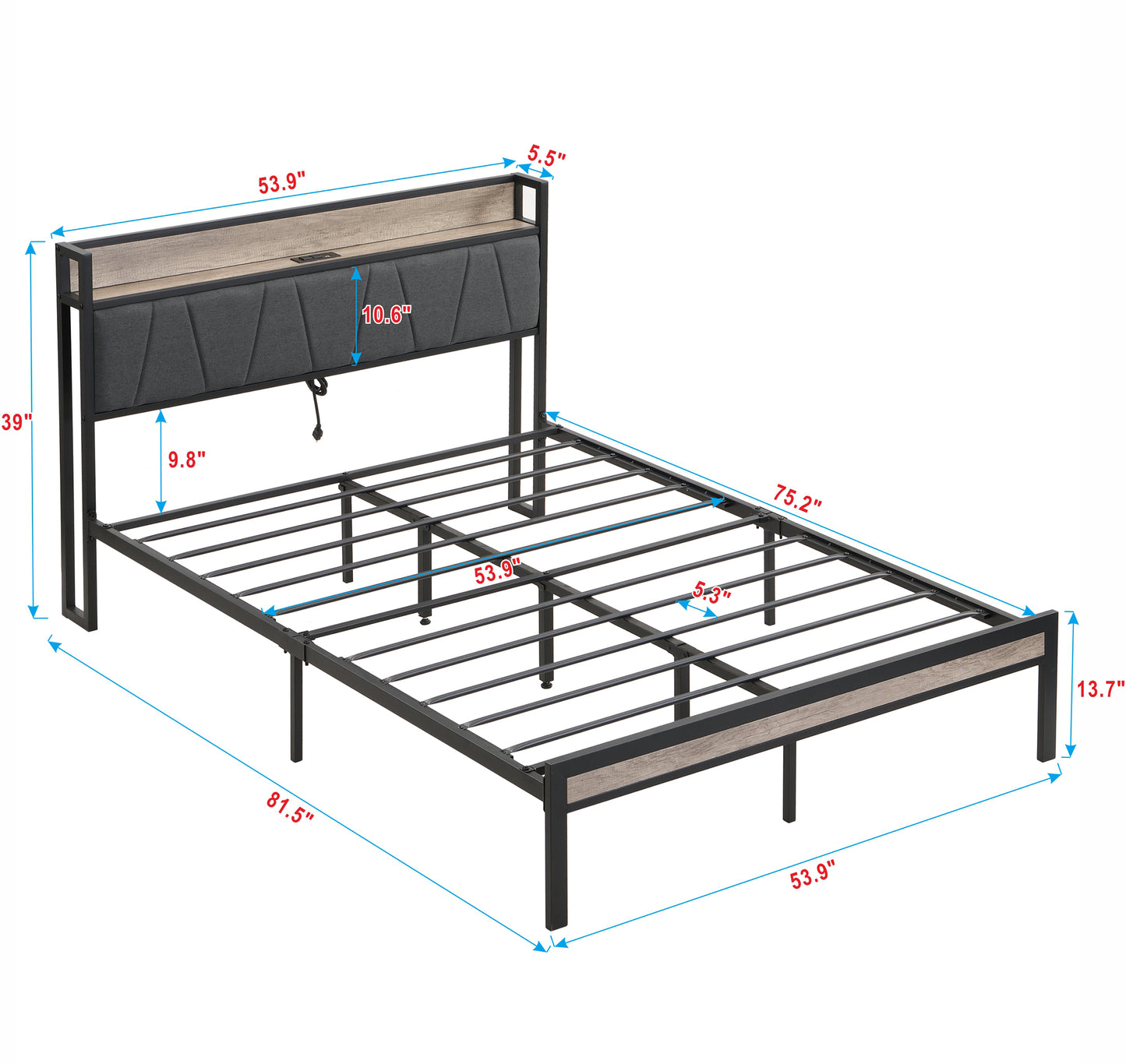 Upholstered platform bed frame with builtin headboard charging station and wood accents