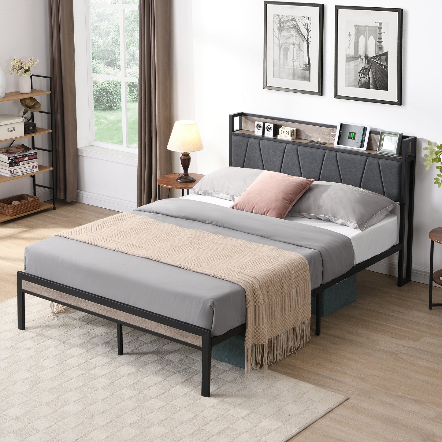 King size upholstered headboard bed frame with USB ports and shelf