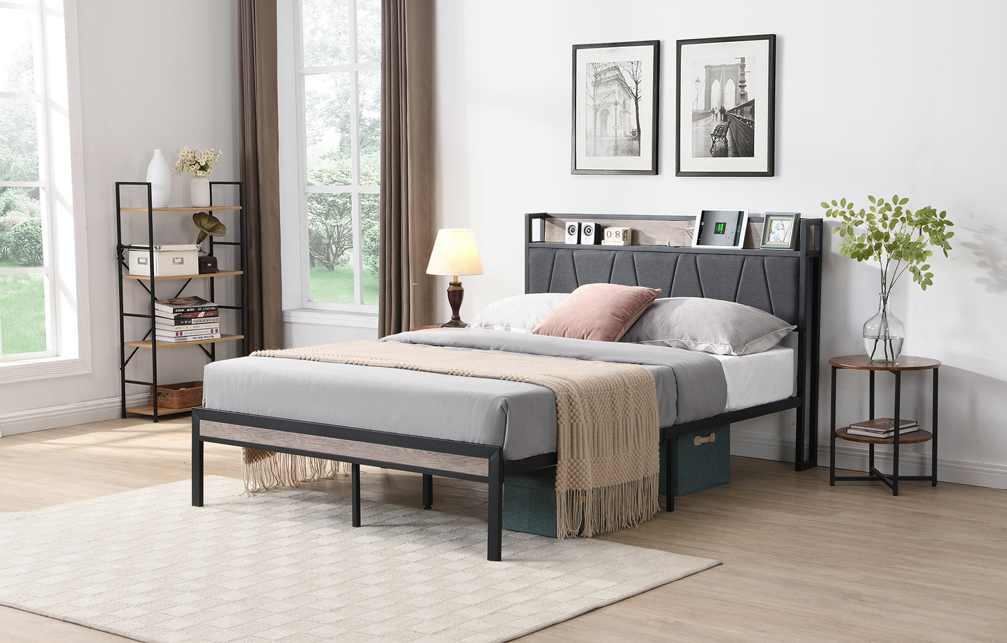 Modern grey upholstered bed frame with builtin bookshelf headboard