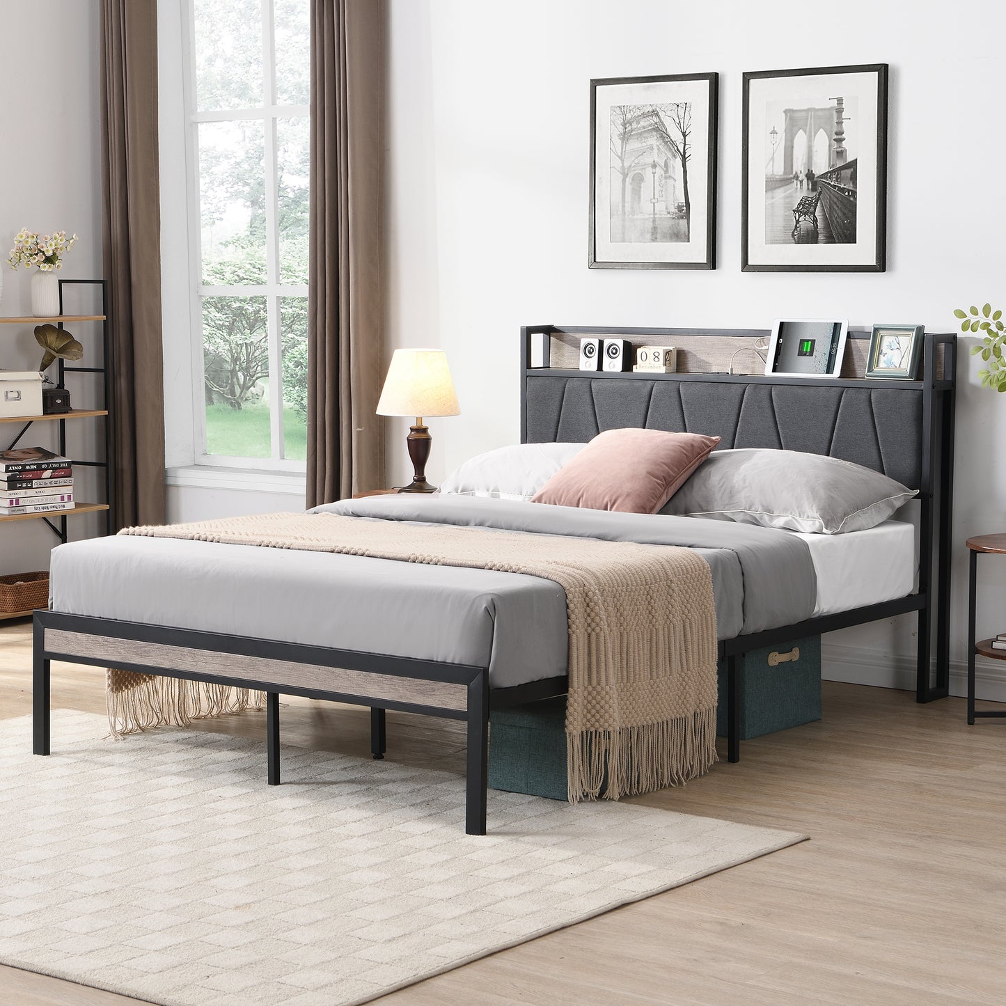 Modern upholstered king bed frame with builtin headboard shelf storage