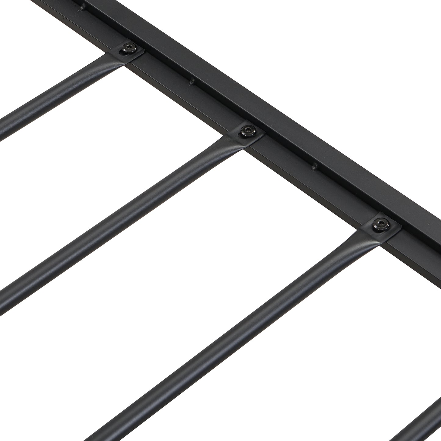 Closeup of black metal bed frame with parallel support slats and visible screws