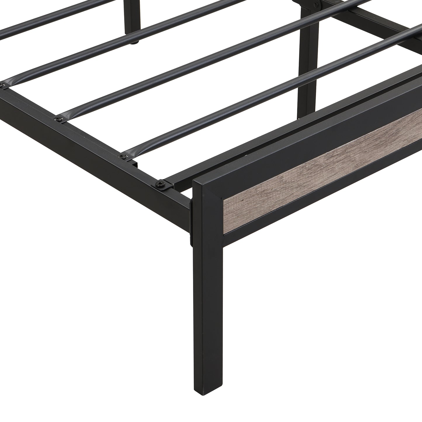 Black metal bed frame with distressed wood headboard panel for a modern look