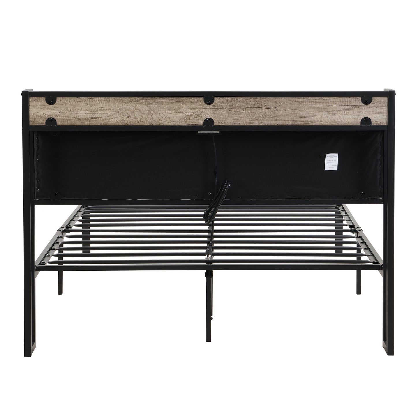Industrial style metal bed frame with rustic wood grain headboard queen size