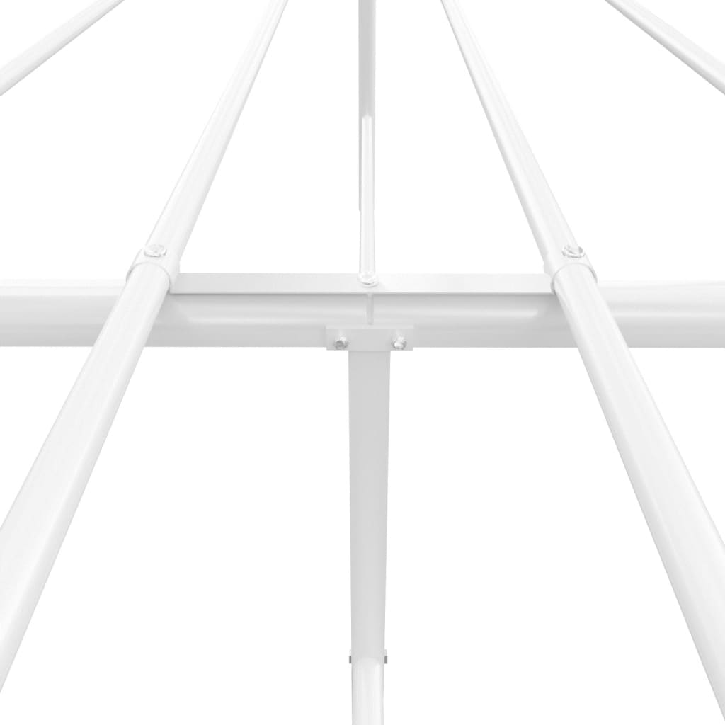 White metal bed frame with vertical slat headboard and footboard