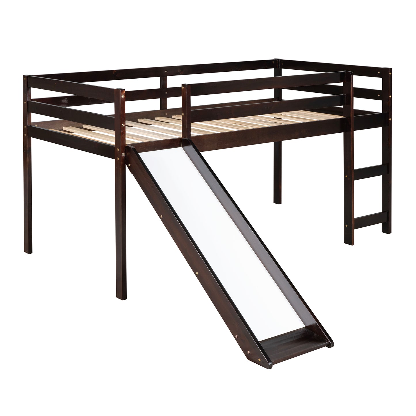 Dark brown wooden loft bed with white slide and ladder