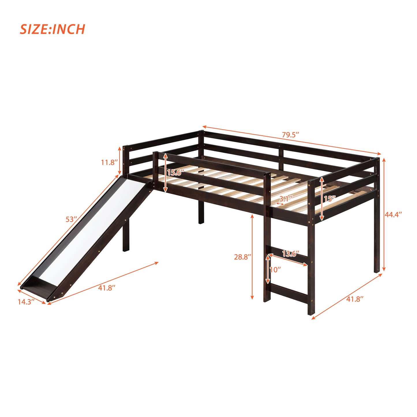 Dark brown wooden loft bed with slide for kids