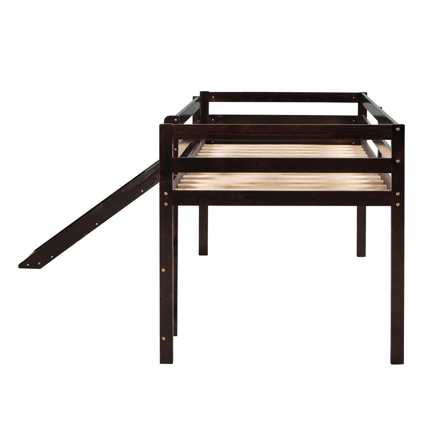 Dark brown wooden loft bed frame with slide for kids
