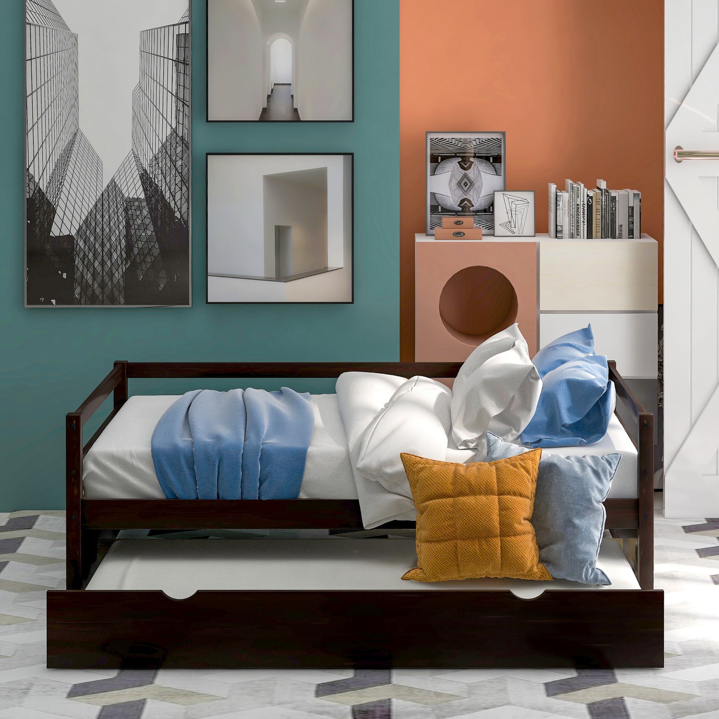 Dark wood twin daybed with trundle