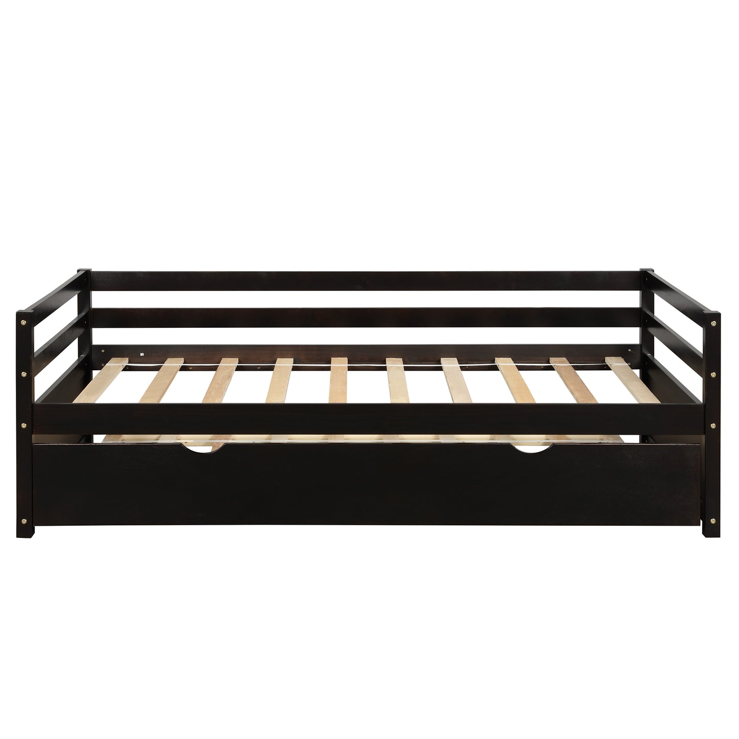 Dark brown wooden daybed with slatted support and pullout drawer