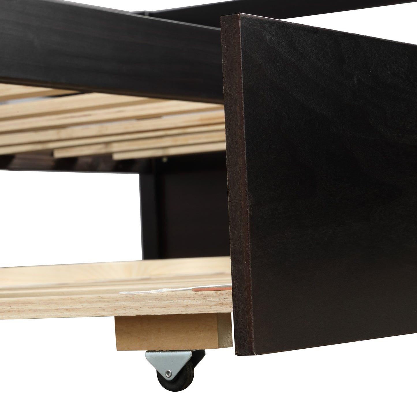 Dark wood bed frame side with slatted support and visible wheel