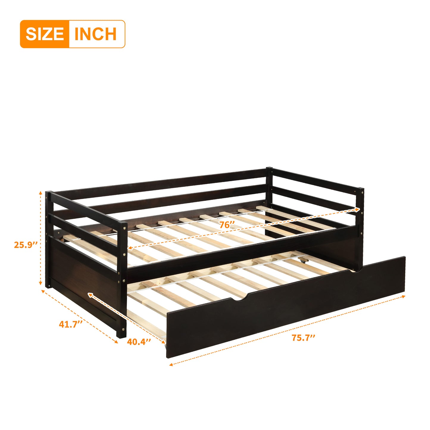 Dark brown wooden daybed with a pullout trundle