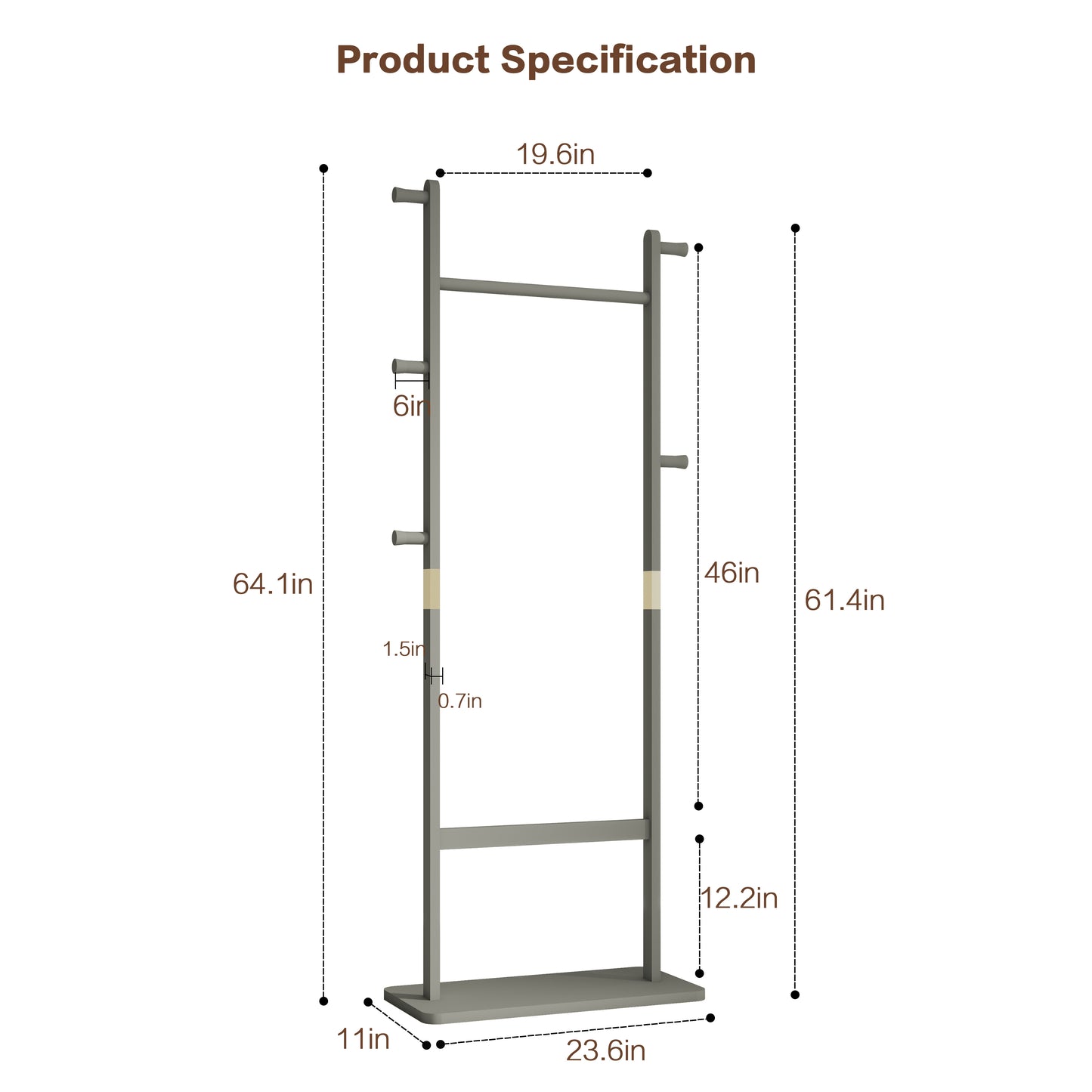 Grey metal coat rack with multiple hooks and a base shelf in tall