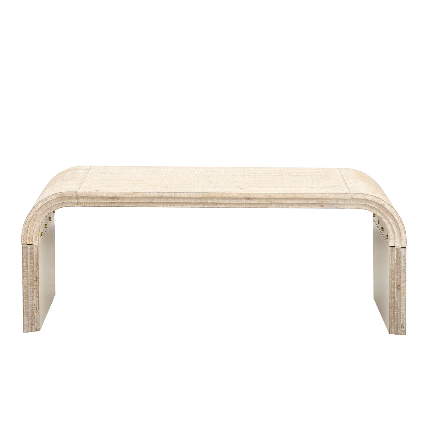 Light wood waterfall coffee table with curved edges and riveted details