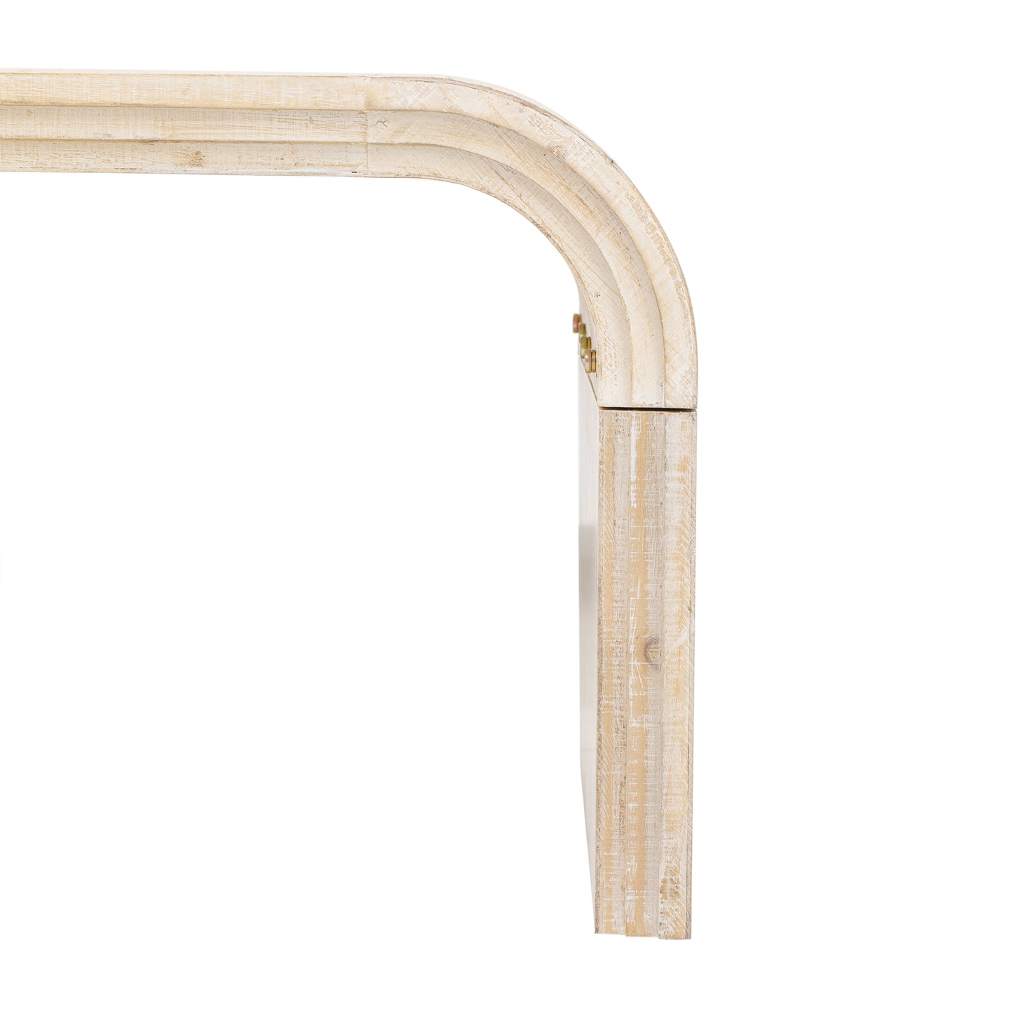 Distressed white wood furniture frame with carved details and brass accents