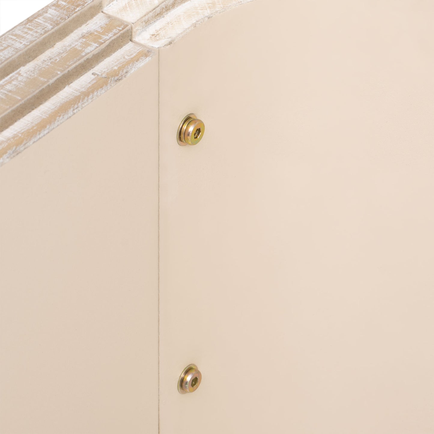 Creamcolored furniture panel with distressed wood trim and visible metal fasteners for assembly